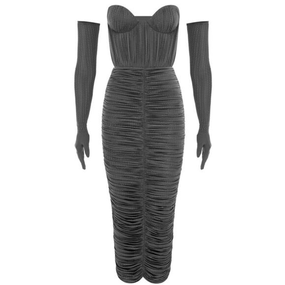 Alex Perry Strapless Sweetheart Ruched Crystal Jersey Iron Gray Midi Dress Sz 4 - Picture 6 of 13